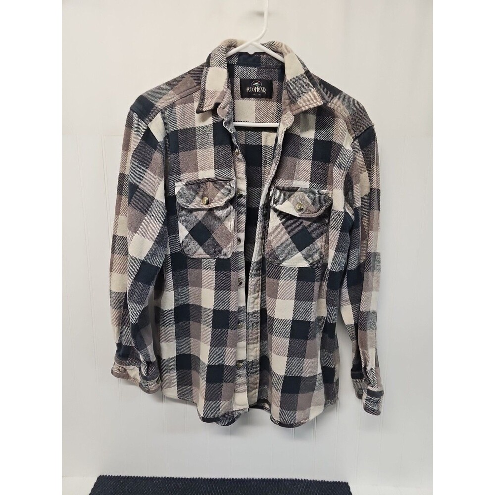 Redhead Shirt Mens Medium Flannel Plaid Black Gray White Button Long Sleeve